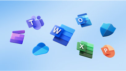 Logos von Microsoft Office-Programmen, darunter Teams, Word, Outlook, OneDrive, Excel und PowerPoint, schweben versetzt auf einem hellblauen Hintergrund.