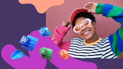 Imagem de uma pessoa com um boné e óculos escuros sorrindo com os logos dos aplicativos Microsoft 365.