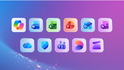 Various apps that are part of a Microsoft 365 subscription, such as: Copilot, Word, Excel, PowerPoint, Outlook, OneNote, OneDrive, Defender, Teams, Designer and Clipchamp.