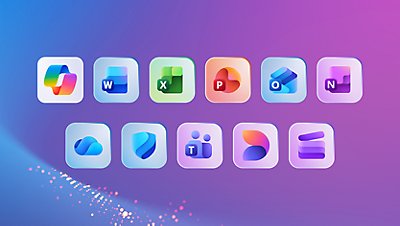 Various apps that are part of a Microsoft 365 subscription, such as: Microsoft Copilot, Word, Excel, PowerPoint, Outlook, OneNote, OneDrive, Microsoft Defender, Microsoft Teams, Microsoft Designer, Clipchamp. 