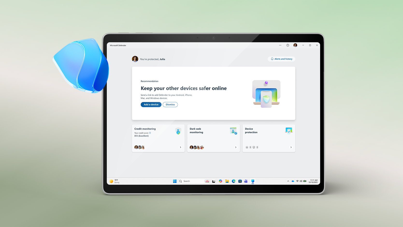 Surface Pro so zobrazením tabule v aplikácii Microsoft Defender. 