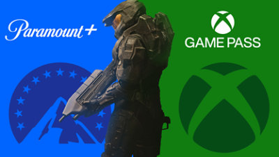 Paramount + and Xbox Game Pass logos with Master Chief.