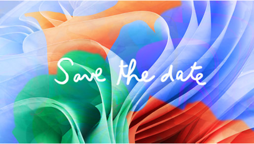 White decorative type says Save the Date, on a mixed color background.