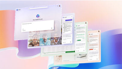 Interfaces de Microsoft 365 Copilot en varios dispositivos sobre un fondo de colores.