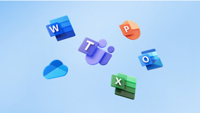 Microsoft Word-, Excel-, PowerPoint-, Outlook- og OneDrive-logoer.