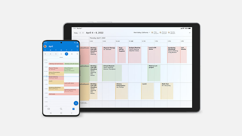 An Outlook calendar synced across a smart phone and a tablet.