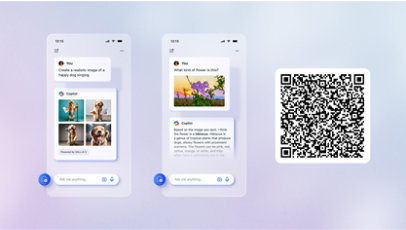 Microsoft Copilot app being utilized to generate pictures of a singing dog, assisting to identify a flower, and helping to generate an email to congratulate a coworker on a promotion.