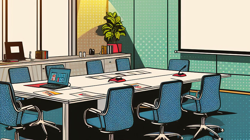 A pop art inspired illustration of a meeting room, created using AI.