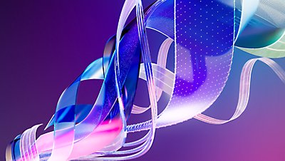  Abstract 3D ribbons in blue and purple on a dark gradient background representing Microsoft Ignite.