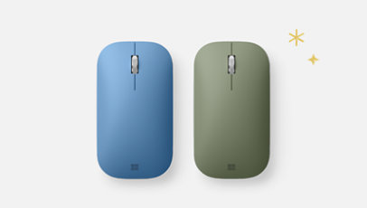 A pair of Microsoft Modern Mobile Mice in Sapphire and Forest.