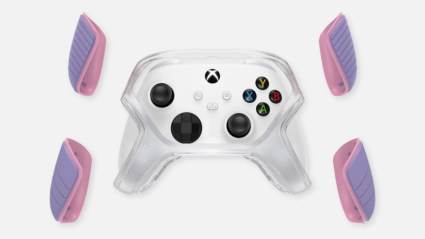 view of OtterBox easy grip controller in lilac color contrasted with translucent white with grips displayed separately
