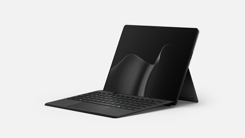 Schrägansicht eines Surface Pro mit Snapdragon®-Prozessoren zusammen mit einer abgenommenen Surface Pro 13-Zoll-Flex-Tastatur.
