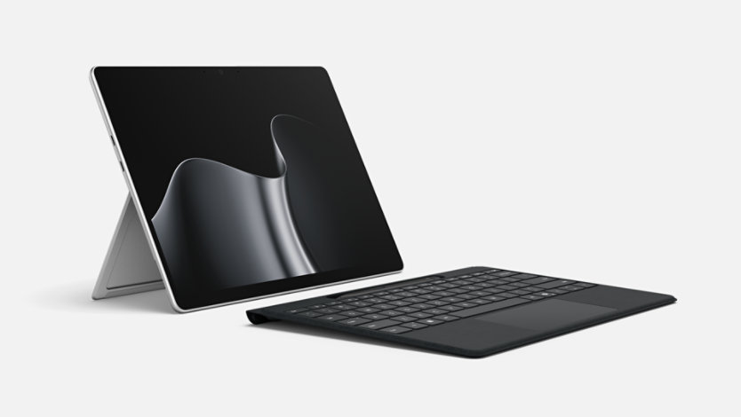 An angled view of a Surface Pro, 13-inch (12th Edition) with Snapdragon® processors, paired with a detached Surface Pro 13-inch Flex Keyboard. 