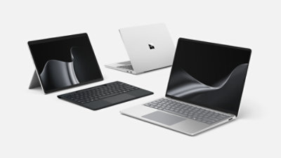 Eine Familie von Surface-Geräten mit Intel®-Prozessoren in der Farbe Platin. 