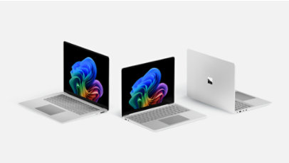 A 13-inch Surface Laptop for Business, a 13.8-inch Surface Laptop for Business and a 15-inch Surface Laptop for Business side by side in the colour Platinum, Copilot Plus PCs with Intel® processors.