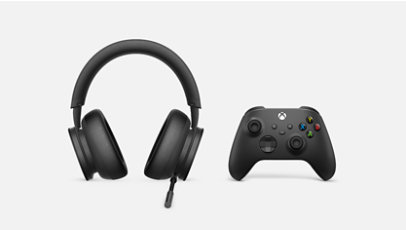 An Xbox wireless headset in the color black and an Xbox wireless elite controller in the color black.