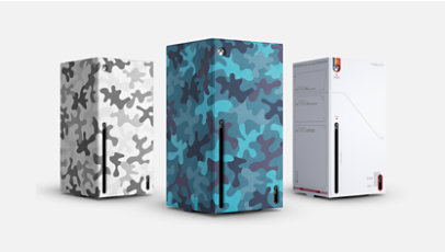 Xbox Series X Console Wraps in Arctic Camo, Mineral Camo, and Starfield.