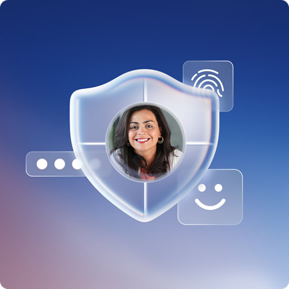 Uma mulher sorri rodeada de vários ícones de segurança sem palavra-passe, representando a facilidade e proteção da autenticação sem palavra-passe.