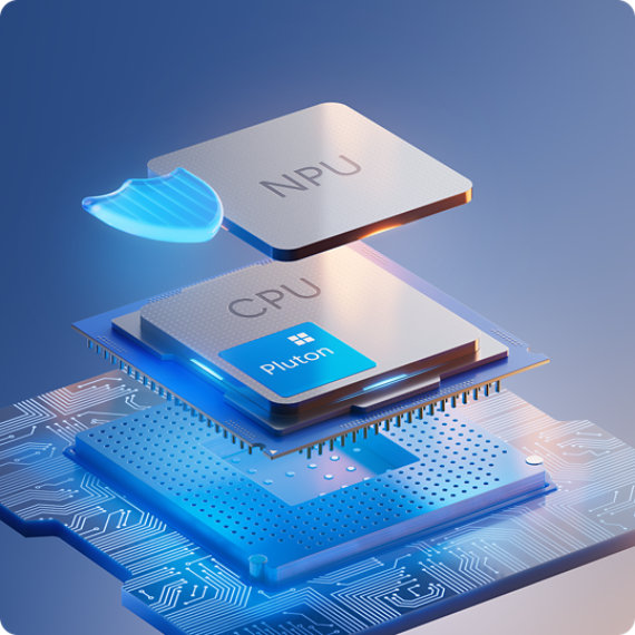 Um grande plano abstrato de uma NPU, CPU e placa-mãe, destacando como a segurança está integrada no dispositivo.
