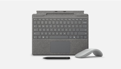 Un teclado Surface Pro, un lápiz Surface Slim Pen 2 y un ratón Surface Arc Mouse.