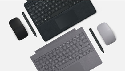 Deux claviers Surface Type Cover, stylets Surface Pen et souris Surface Mouse disponibles en deux couleurs différentes.