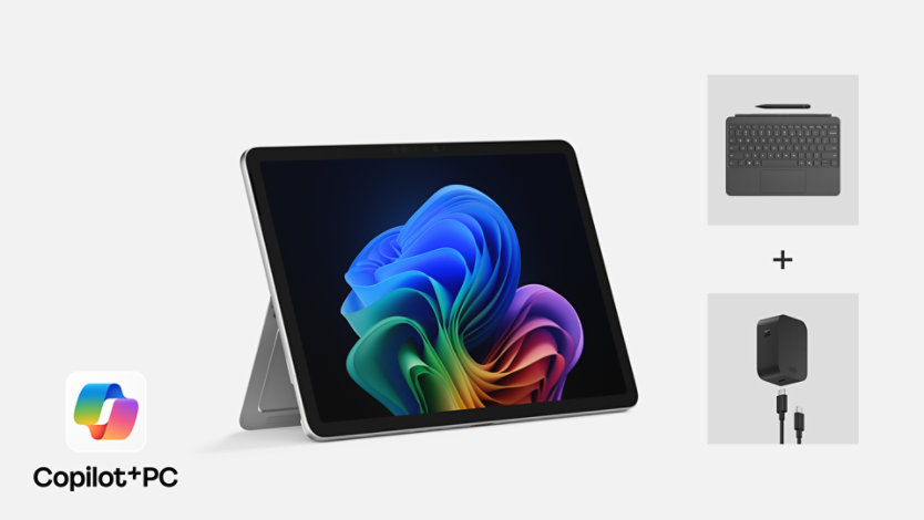 キーボード、スリム ペン、充電器付きの12インチ Surface Pro（Copilot+ PC）。