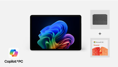 A 12-inch Surface Pro, Copilot+ PC, bundled with a platinum Surface Pro Keyboard and Microsoft 365 Personal.