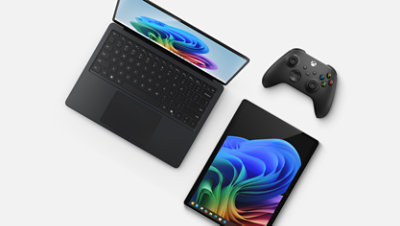 Ein Surface Laptop Copilot plus PC in Schwarz, ein Surface Laptop Studio 2, ein Surface Pro Copilot plus PC in Saphirblau und ein Xbox Wireless Controller.