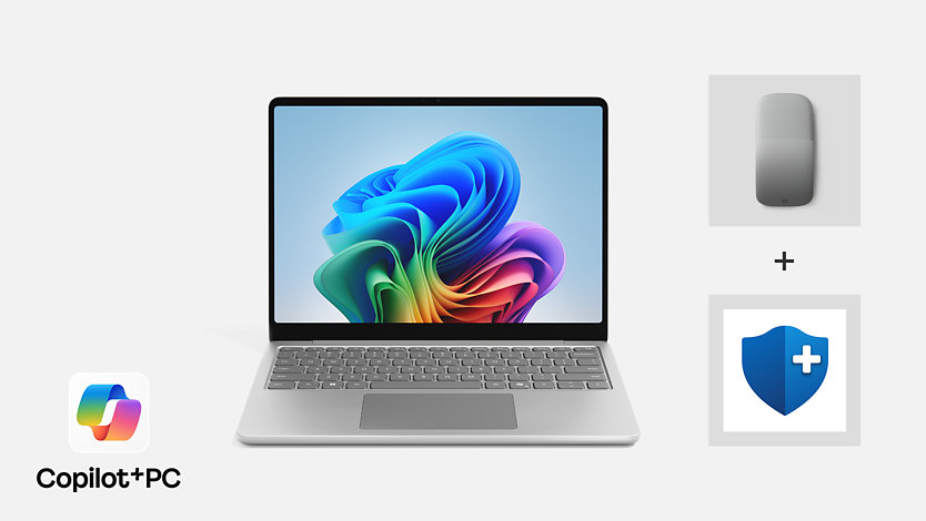 Un Surface Laptop de 13 pouces couleur platine, accompagné d’une souris Arc gris pâle et du plan Microsoft Complete.