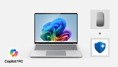 A 13 point 8 inch Surface laptop in the color platinum with an Arc mouse in the color light gray and Microsoft complete.