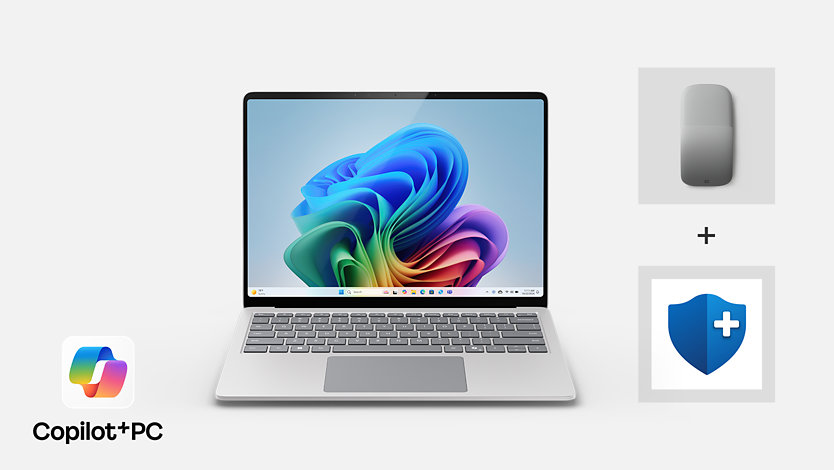 A 13.8 inch Surface laptop in the color platinum with an Arc mouse in the color light gray and Microsoft complete.