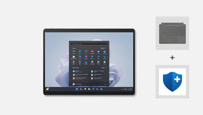 Un Surface Pro 9 pour l’entreprise en offre groupée avec un clavier et l’abonnement Microsoft Complete.