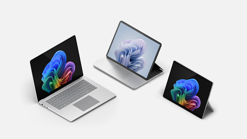 A Surface Laptop Copilot+ PC, a Surface Laptop Studio 2, and a Surface Pro Copilot + PC