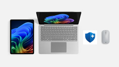 Surface Laptop and Surface Pro in platinum with a Surface Mouse and protection plan.