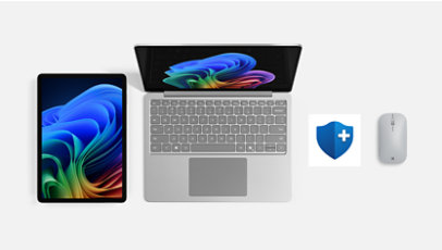 Surface Laptop and Surface Pro in platinum with a Surface Mouse and protection plan.