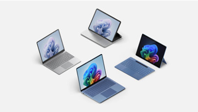 Surface devices, including Surface Pro Copilot Plus PC with a sapphire blue keyboard and pen, and sapphire blue Surface Copilot Plus PC laptop.