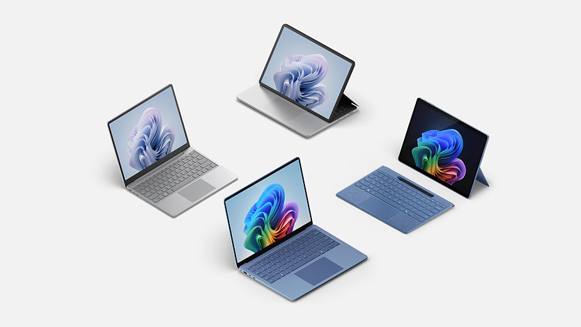 Surface devices, including Surface Pro Copilot Plus PC with a sapphire blue keyboard and pen, and sapphire blue Surface Copilot Plus PC laptop. 