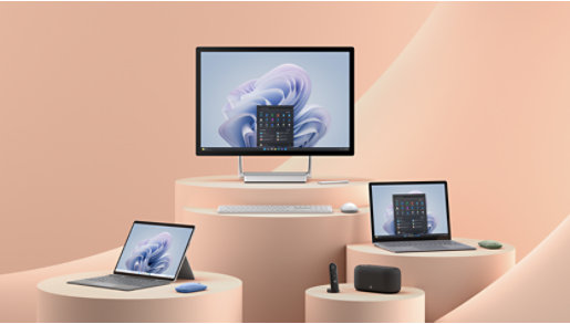 Surface Studio 2, Pro 9, and Laptop 5 with various accessories.