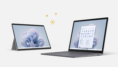 Ein Surface Pro 9 im Tablet Modus und ein Surface Laptop 5.