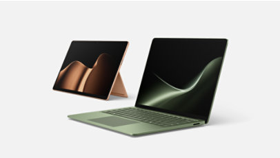 The latest edition Surface PCs—a Surface Laptop in the color Jade and a Surface Pro in the color Dune.