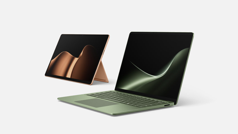 The latest edition Surface PCs—a Surface Laptop in the color Jade and a Surface Pro in the color Dune. 