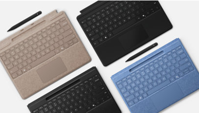 Des claviers Surface Type Cover, stylets Surface Pen et souris Surface en deux couleurs.