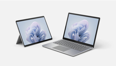 A Surface Pro 10 sits to the left of a Surface Laptop 6.
