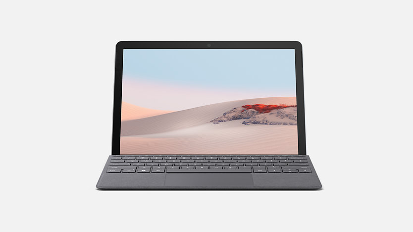A Surface Go 3 with a Platinum Type Cover attached.
