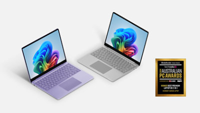 A Violet 13-inch Surface Laptop and a Platinum 13-inch Surface Laptop with the logo for the TechRadar 2026 Australian PC Awards.
