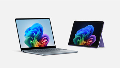 A 13.8-inch Surface Laptop in Ocean and a 13-inch Surface Pro in violet.