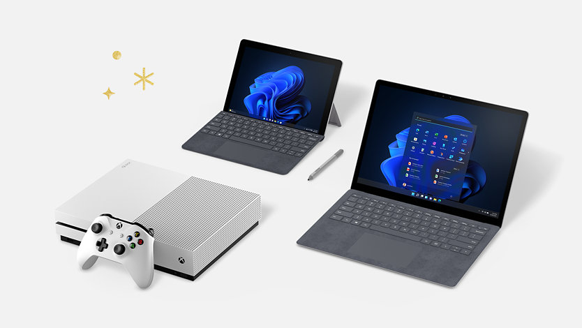 A Surface Laptop 3, Surface Go, Surface Pen and Xbox One S.
