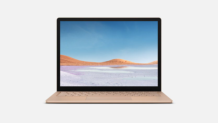 Vorderansicht eines aufgeklappten Surface Laptop 3 in Sandstein.
