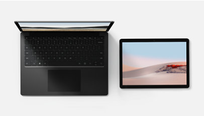 A Surface Laptop 4 in Matte Black and a Surface Go 2, Certified Refurbished.