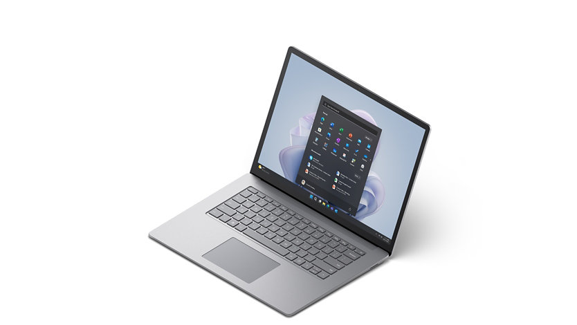 Surface Laptop 5 is shown in 13.5 inch platinum Alcantara from 3/4 view with Windows 11 start screen.